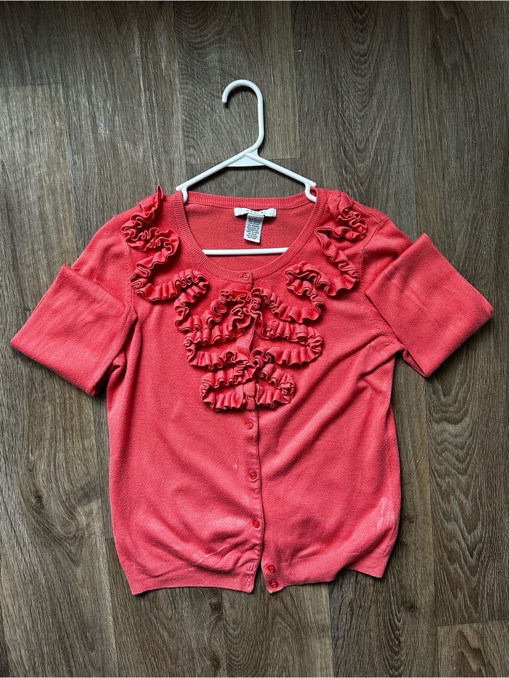 Grace Coral Pink Ruffle Front Long Sleeve Button Up Cardigan Sweater Size M